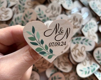 Custom wedding pins, wooden wedding favours, personalized guests boutonnieres, personalized hearts name brooch, unique wedding favor