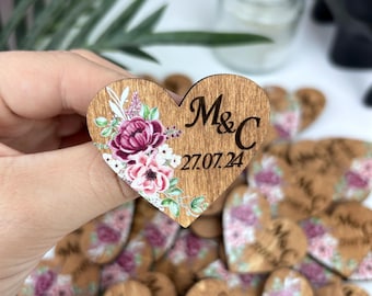 Wooden hearts guest boutonnieres, engraved wedding favors bulk, wedding keepsake