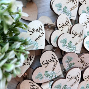 Personalized Wedding Pins for Guests Name Tags Wood Heart Wedding Boutonnieres in Bulk Engraved Custom Wedding Pins in Bulk Save the Date image 4