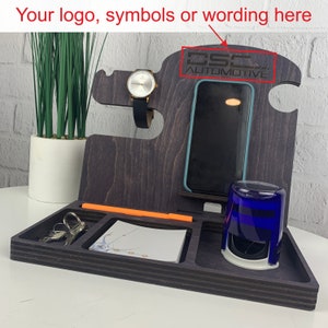 Wood desk organizer, personalized stand, engraved phone dock station, cell phone docking station
