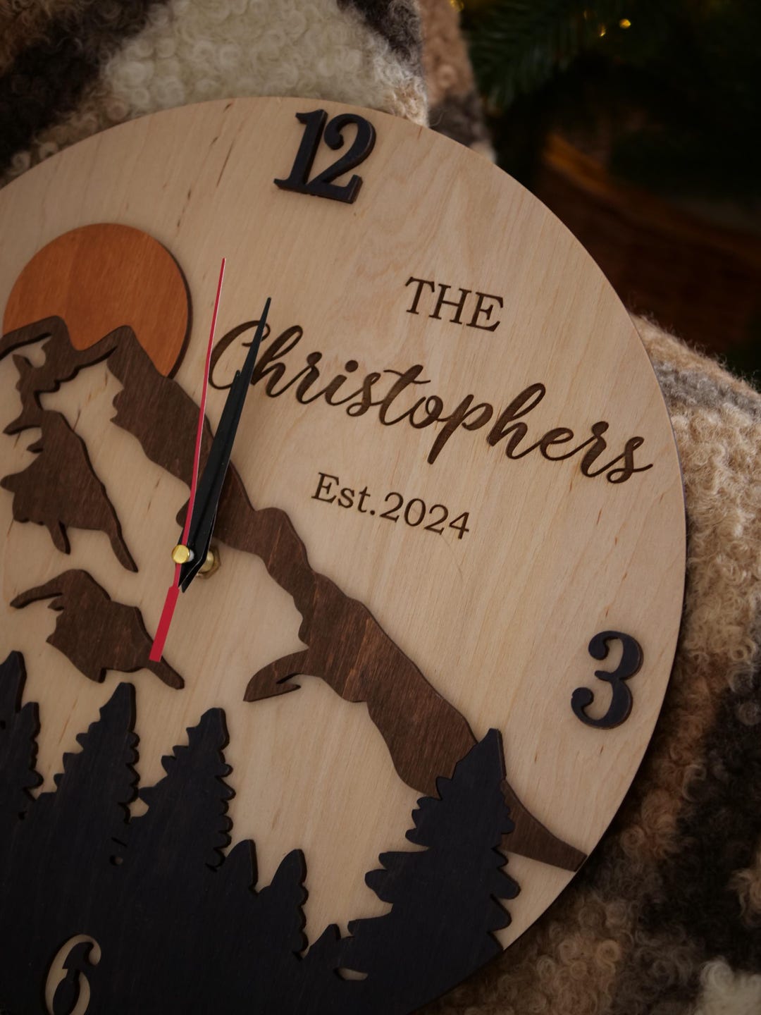 Large Mountain Wall Clock, Custom Last Name Sign & 5th Anniversary Gift ...