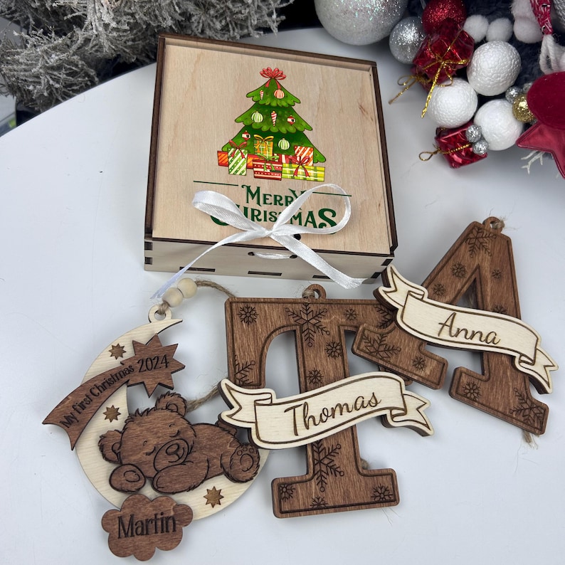 Wooden Family of Three Christmas Tree Pendant, Personalized New Parents