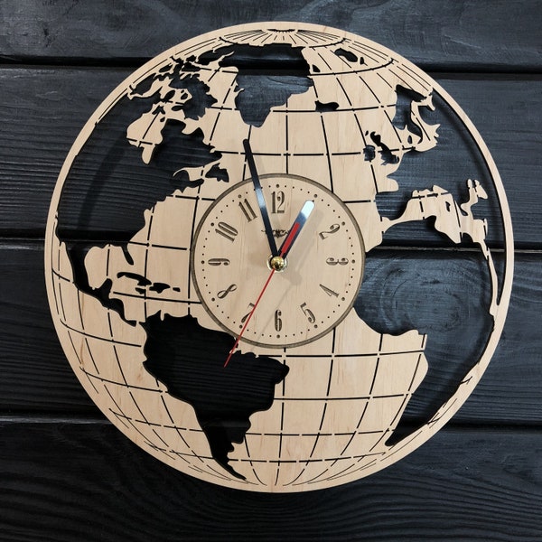 Globe wood clock, minimalist clock, travel wall decor, personalized clock, earth wood decor, world map art, world map clock