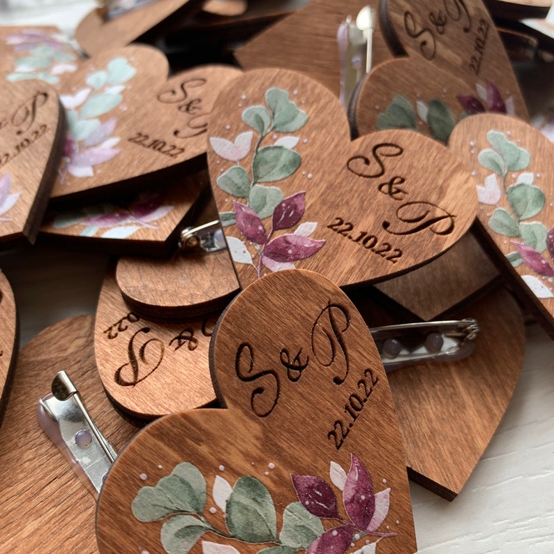 Wedding Boutonniers for Guests Wood Tags Heart Shaped Pins In Bulk Engraved Wedding Pins Save the Date Boutonniers in Bulk Wedding Name Tags image 4