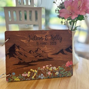 Wildflower and mountains guestbook, wedding photo album, flower guestbook, mountains photo book, wooden guest book, save the date book