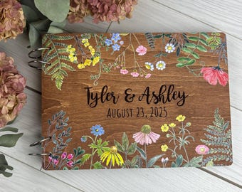 Libro de firmas de boda con flores silvestres, álbum de recuerdos de madera personalizado, regalo floral rústico