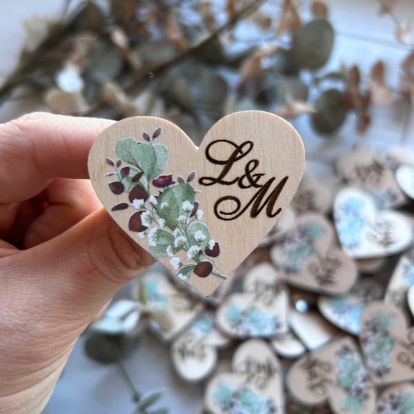 Wedding heart brooch, rustic wedding favor, name heart brooch, wedding guest favors, engraved wood pins, wedding favors bulk