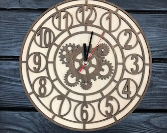 Gears wall clock, custom wood clock, workshop wall decor, cog wall hanging, 5th anniversary gift, custom gift for him