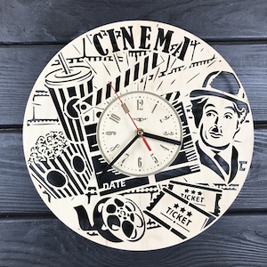 Cinema Wall Clock Gift For Men Women 5th Anniversary Gift Personalized Cinema Poster Custom Cinema Wall Hanging Wooden Cinema Decor