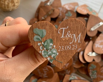 Custom wooden name hearts, personalized wedding boutonnieres, wedding guest favors, custom heart brooch with initials, wedding party favors