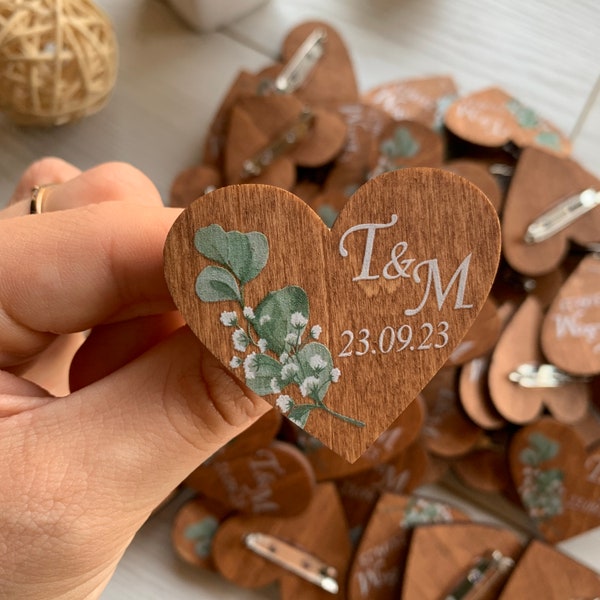 Custom wooden name hearts, personalized wedding boutonnieres, wedding guest favors, custom heart brooch with initials, wedding party favors