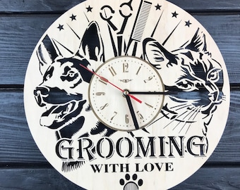 Grooming wall clock, grooming salon decor, pet grooming art, dog groomer gift, custom wood clock, original wood clock