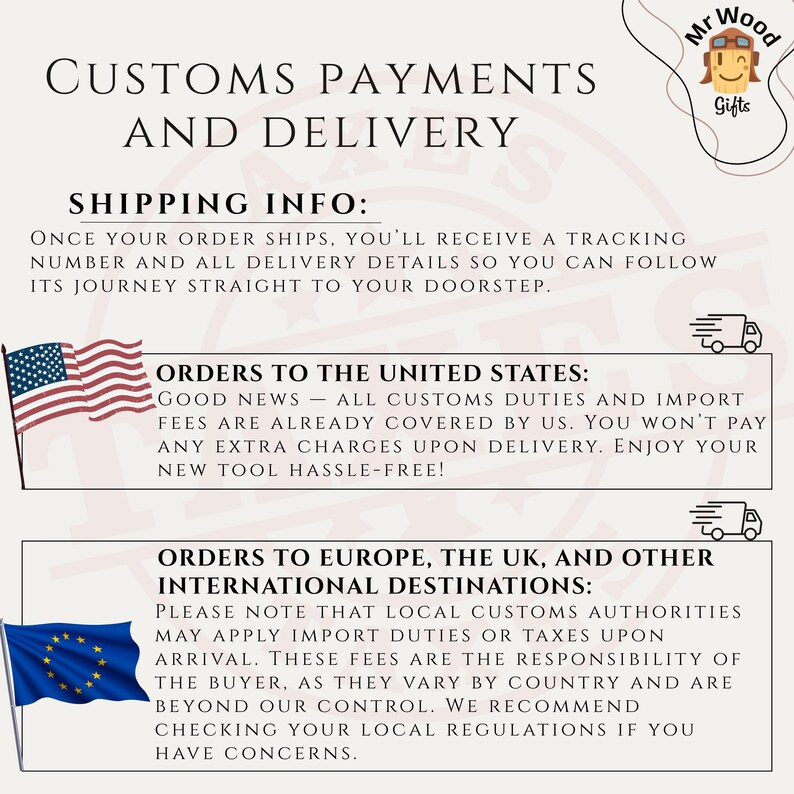 The image is a text-based collage that provides information about customs payments and delivery. It includes text boxes with instructions and contact information for international shipping, as well as a logo for a company named Mr. Wood Gifts.