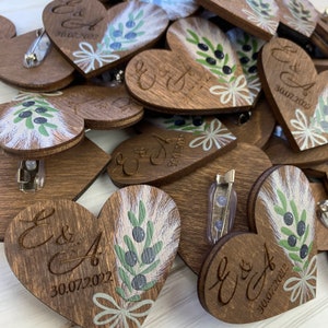 Boho guests boutonnieres, custom name badge, wooden heart pin, unique wedding favor, custom pins bulk, boutonniere pins, wedding guest favor