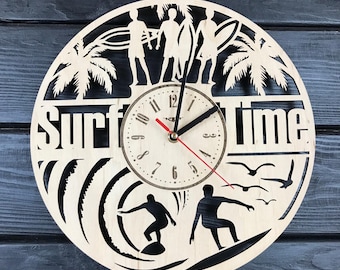 Surfing Wall Clock Wood Gift For Men Women 5th Anniversary Gift Personalize Surfing Poster Surfing Time Hanging Wooden Surfing Cutout