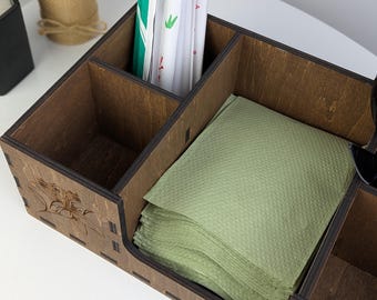 Coffee Station Organizer, Wood Napkin Holder, Custom Logo Gift, Countertop Storage