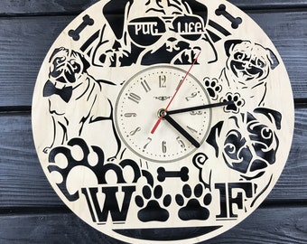 Pug Wall Clock Gift For Men Women 5th Anniversary Gift Personalize Pug Poster Custom Pug Hanging Wall Wood Decor Pug Wall Banner