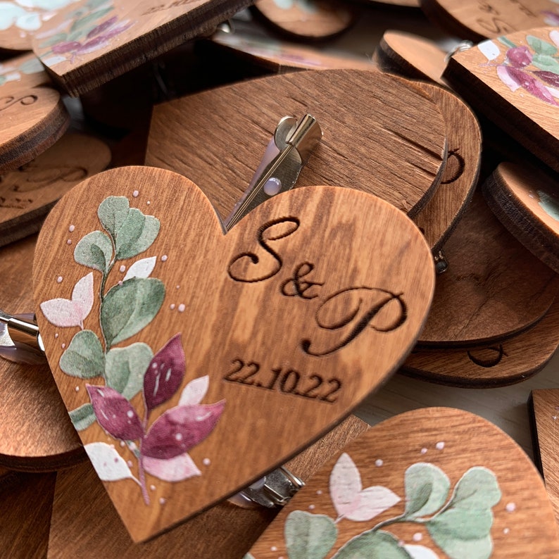 Wedding Boutonniers for Guests Wood Tags Heart Shaped Pins In Bulk Engraved Wedding Pins Save the Date Boutonniers in Bulk Wedding Name Tags image 2