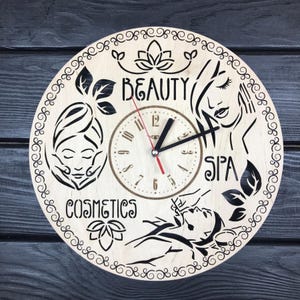 Beauty Salon Wall Clock Gift For Men Women 5th Anniversary Gift Personalize Cosmetics Poster Custom Beauty Salon Wood Wall Spa Center Decor
