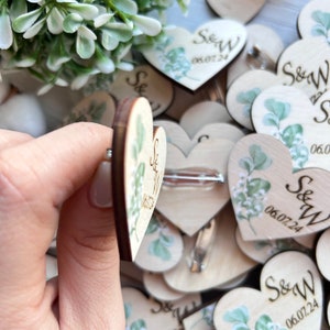 Personalized Wedding Pins for Guests Name Tags Wood Heart Wedding Boutonnieres in Bulk Engraved Custom Wedding Pins in Bulk Save the Date image 7