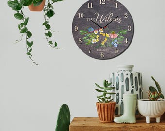 Family Name Clock, Personalized Wood Wall Clock & Wildflower Decor