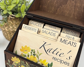 Personalized recipe box and cards, custom recipe box, wooden recipe holder, wooden recipe box, recipe card storage, engraved recipe box
