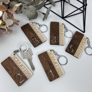Engraved wood key, room number tag, custom logo keychain, numbers keyrings, custom hotel key tag, hotel room keychain, personalized key tag