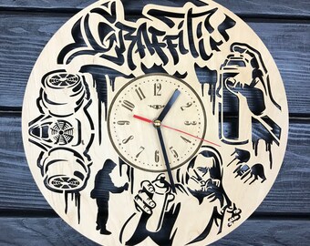 Graffiti Wall Clock Wood Gift For Men Women 5th Anniversary Gift Personalize Graffiti Poster Graffiti Hanging Wooden Graffiti Cutout