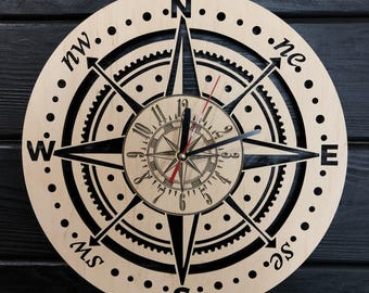 Compass Clock Gift For Men Women 5th Anniversary Gift Personalize Compass Poster Custom Compass Wall Hanging Wood Compass Cutout
