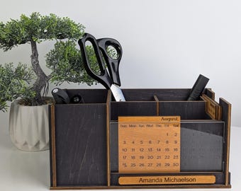Personalized Pen Box, Wood Desk Organizer & 2026 Calendar