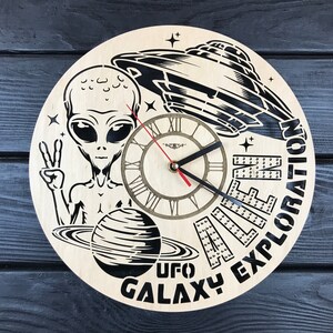 Space Wall Clock Wood Gift For Men Women 5th Anniversary Gift Personalize Galaxy Poster Custom Alien Hanging Wood Space Cutout