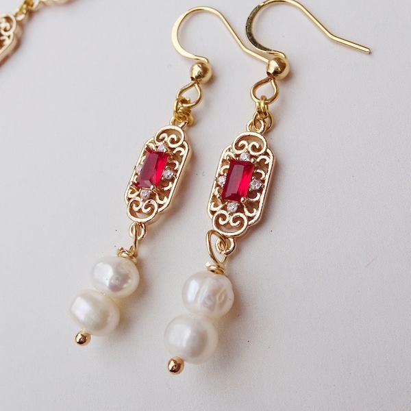 The Harry earrings | historical costume jewellery ruby pearl renaissance tudor victorian replica necklace Anne Boleyn victorianevermoreshop