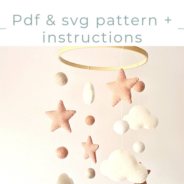 DIY Baby mobile pdf and svg pattern, sewing instructions for clouds and stars mobile, DIY baby shower gift, nursery decoration, Cricut svg