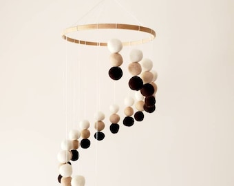 Unisex spiral felt ball cot mobile, nursery decoration, MCM home decor centerpiece, baby shower gift, mid century modern accent home decor