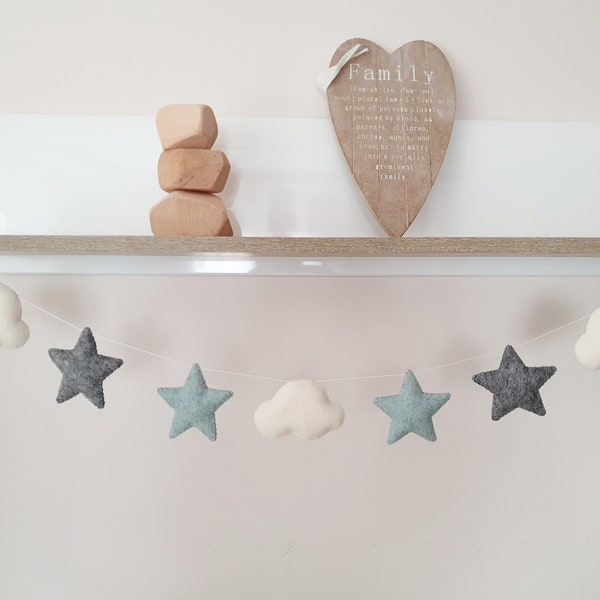 Filzsterne Wolken Girlande, Baby Schlafzimmer Dekoration, grau mint Sterne Banner, nachhaltige Wohnkultur, Foto Prop