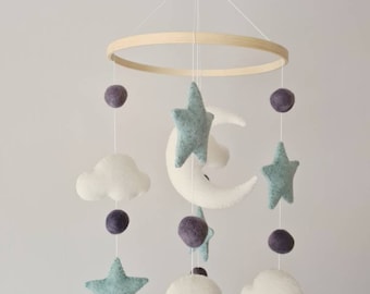 Moon star cloud baby mobile gift for boy, boy cot mobile nursery decoration, baby shower gift