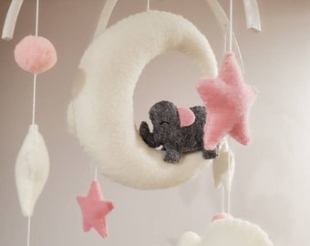 Elephant baby mobile, moon clouds stars baby crib mobile, nursery decoration, baby shower gift, girl nursery decoration