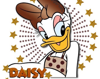 Unique Daisy Duck design with glittering background of dots and sparkling stars. Perfect for sublimation, dtf prints and more