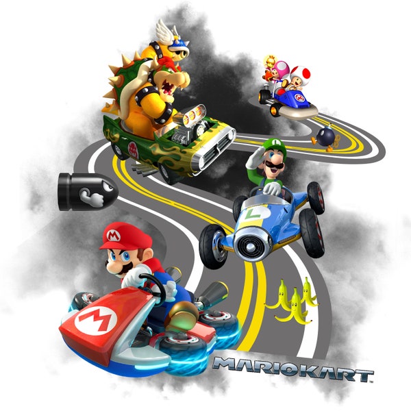 Illustration of Mario Kart, with the characters Mario Bros, Luigi, Bowser, Toad and Toadette in a race with obstacles