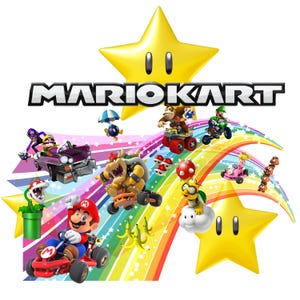 Illustration de Mario Kart, avec les personnages Mario Bros, Luigi, Bowser, Donkey Kong et Wario dans une course avec obstacles