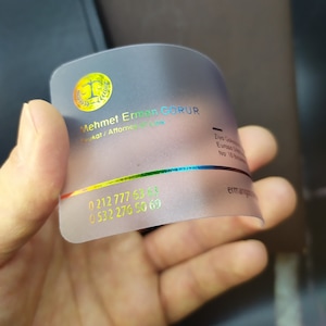 Doorzichtige transparante plastic visitekaartjes, bedankkaarten, holografische folie, goud, zilver, ijzig, kleurenafdrukken, gratis ontwerp, logo, make-up
