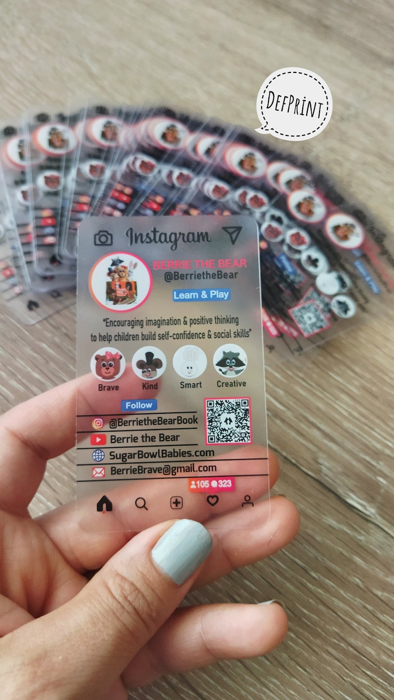 Biglietti da visita trasparenti Instagram, trasparenti, social media, PVC, biglietti in plastica acrilica satinata, biglietti da visita personalizzati immagine 1