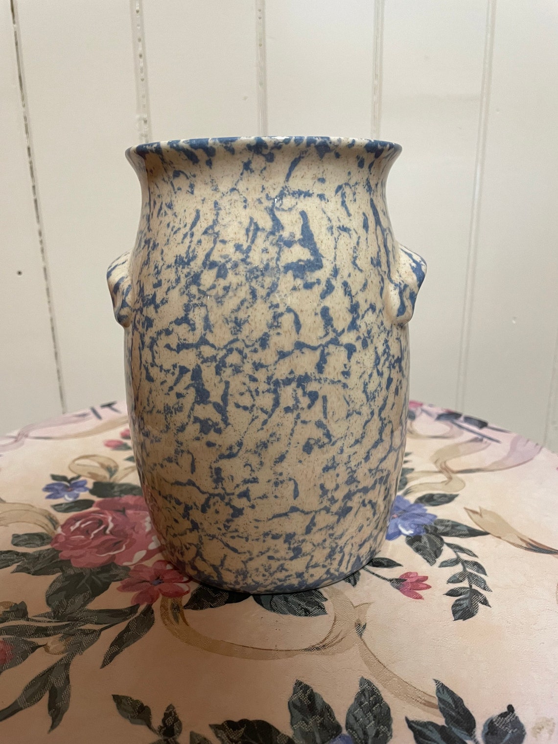 Cute Blue and White Ceramic Spongeware Vase with Handles Blue Etsy