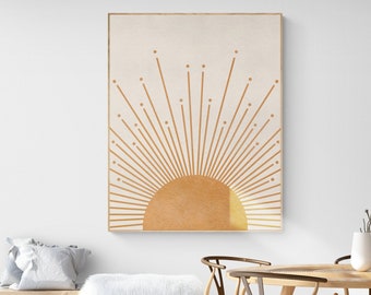 Boho Wanddekor, minimalistische Sonne Wandkunst, Boho Sonne Druck, Gold Sonne Wohnkultur, Mid Century Modern, gelbe Sonne Minimalistisches Poster zum Ausdrucken