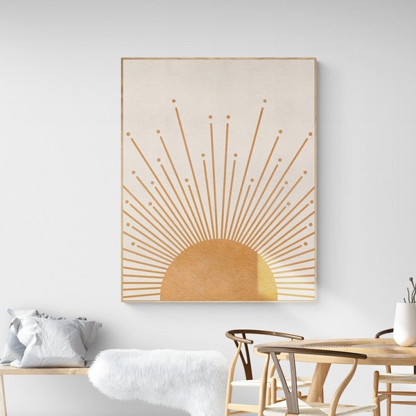 Boho Wanddekor, minimalistische Sonne Wandkunst, Boho Sonne Druck, Gold Sonne Wohnkultur, Mid Century Modern, gelbe Sonne Minimalistisches Poster zum Ausdrucken