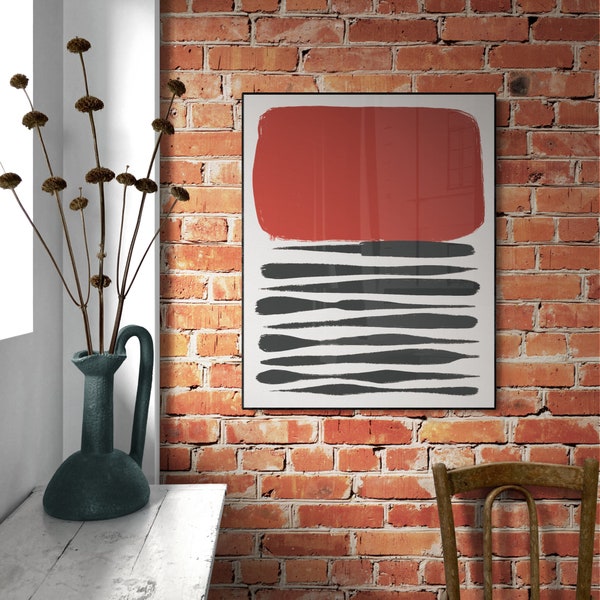 Red Shape Mid Century Modern Abstract Wall Art Print, Modern Geometric Print, Red Black Abstract Print, Living Room Decor, Digital Download