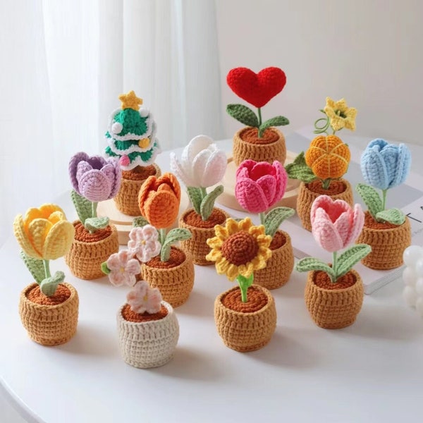 Crochet flower in the pot,hand made,personalized gift for teacher,home decoration,sunflower daisy,tulip, knitted heart in pot