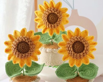 Crochet sunflower in pot, handmade personalized gift for mother, home decoration, desk decoration,  knitted sunflowers, crochet flowers,