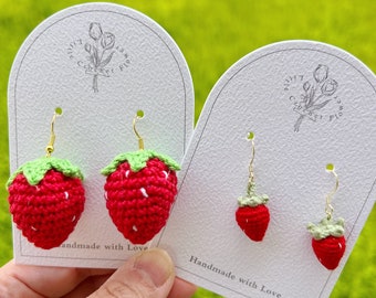 Crochet strawberry dangle earrings, handmade earring, handmade jewelry, gift for Her, gift for mother, fruit earring, crochet strawberry