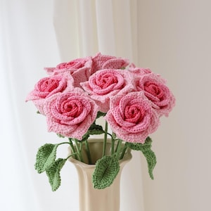 Rosa roja de ganchillo, rosa rosa hecha a mano, regalo personalizado para novia, decoración del hogar, flor rosa tejida, rosa única, rosa para siempre